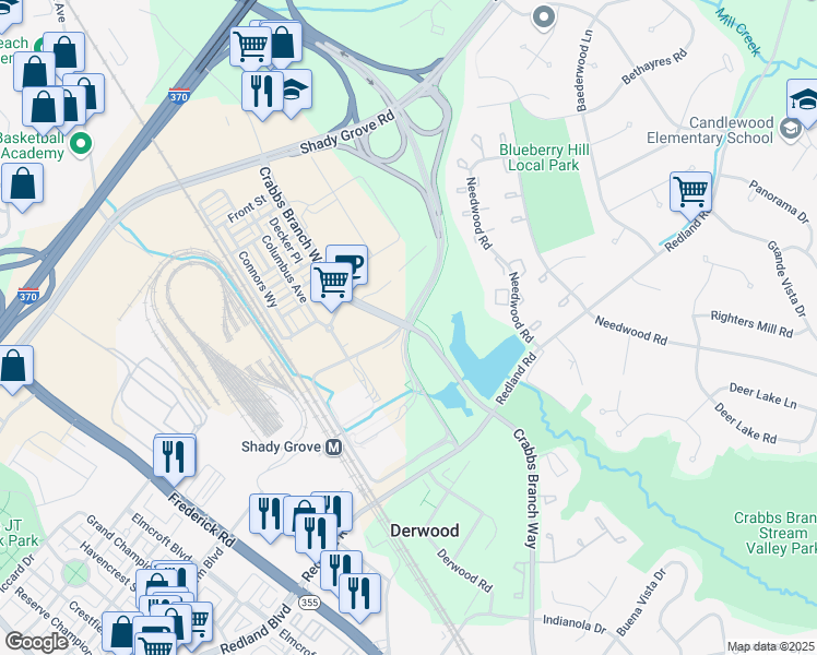 map of restaurants, bars, coffee shops, grocery stores, and more near 16628 Crabbs Branch Way in Derwood