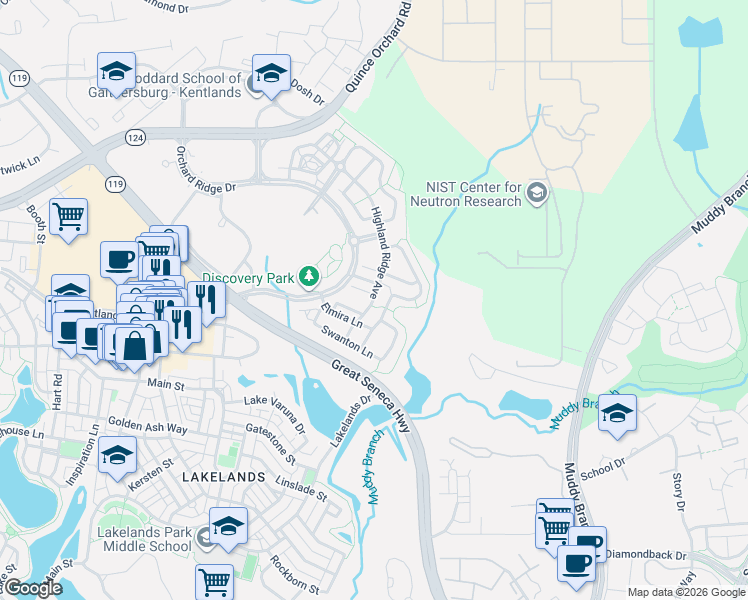 map of restaurants, bars, coffee shops, grocery stores, and more near 815 Highland Ridge Avenue in Gaithersburg