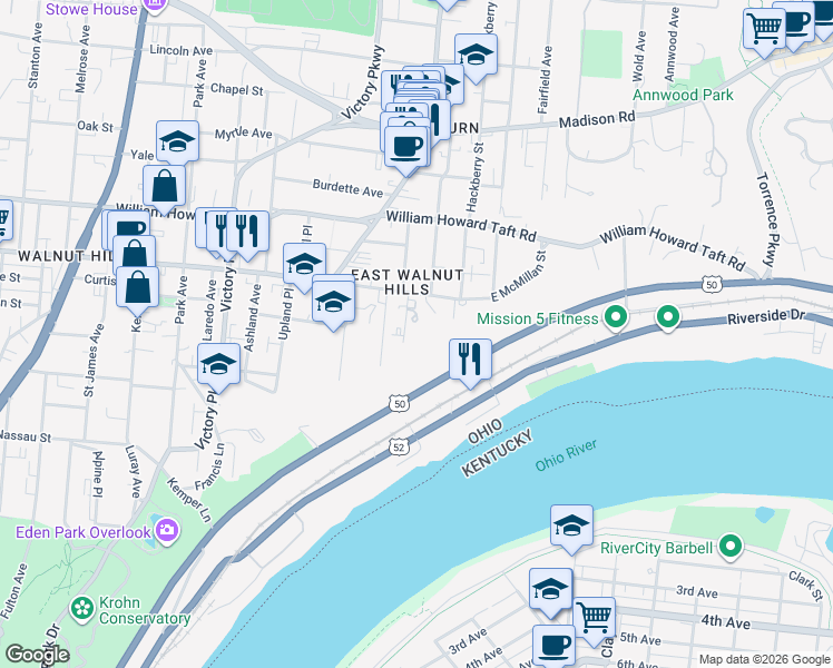 map of restaurants, bars, coffee shops, grocery stores, and more near 2412 Ingleside Avenue in Cincinnati