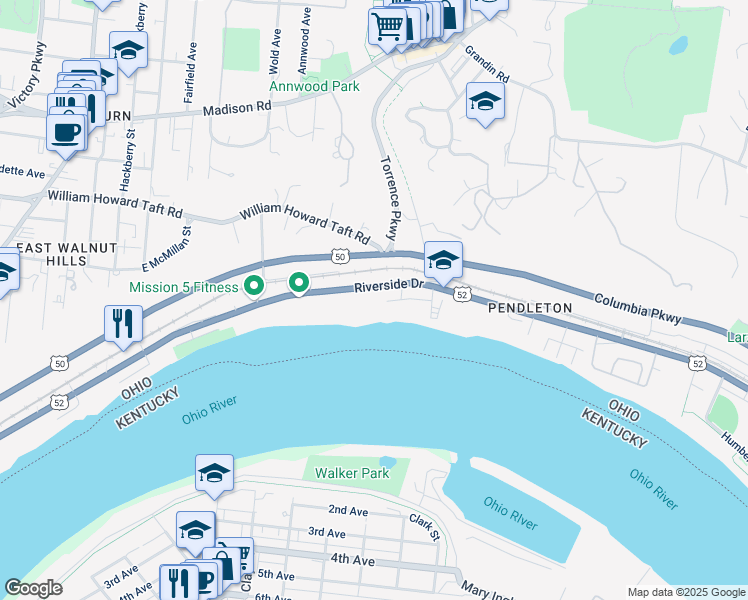 map of restaurants, bars, coffee shops, grocery stores, and more near 2427 Riverside Drive in Cincinnati