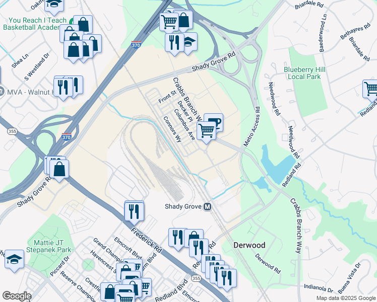 map of restaurants, bars, coffee shops, grocery stores, and more near 16109 Connors Way in Derwood