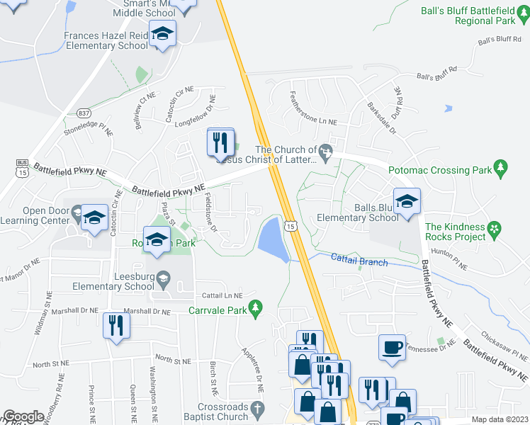 map of restaurants, bars, coffee shops, grocery stores, and more near 523 Richmond Square Northeast in Leesburg