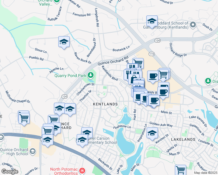 map of restaurants, bars, coffee shops, grocery stores, and more near 539 Tschiffely Square Road in Gaithersburg