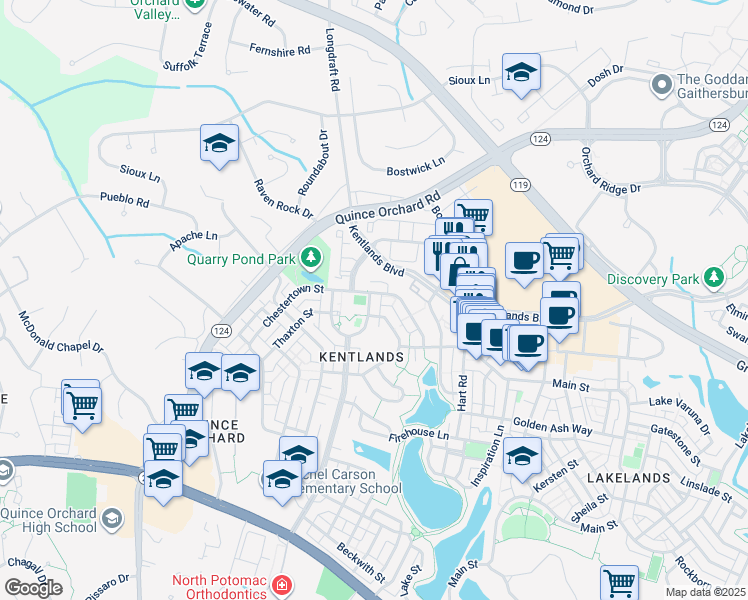 map of restaurants, bars, coffee shops, grocery stores, and more near 539 Tschiffely Square Road in Gaithersburg