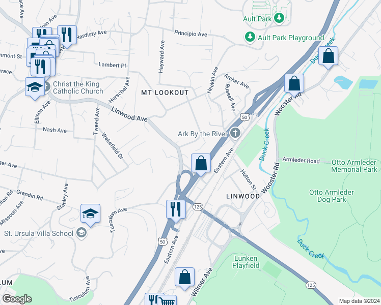 map of restaurants, bars, coffee shops, grocery stores, and more near 963 Richwood Circle in Cincinnati