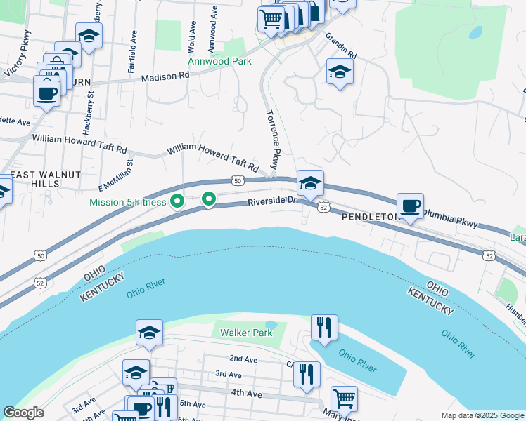 map of restaurants, bars, coffee shops, grocery stores, and more near 2423 Riverside Drive in Cincinnati
