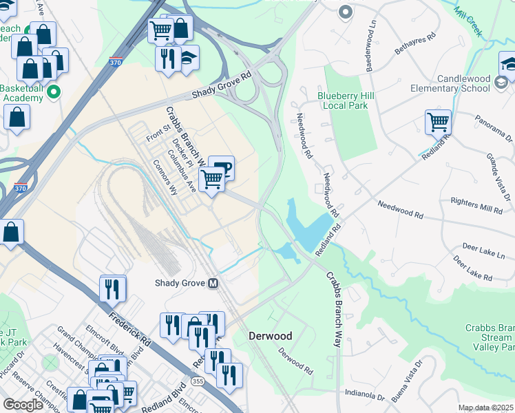 map of restaurants, bars, coffee shops, grocery stores, and more near 16632 Crabbs Branch Way in Derwood