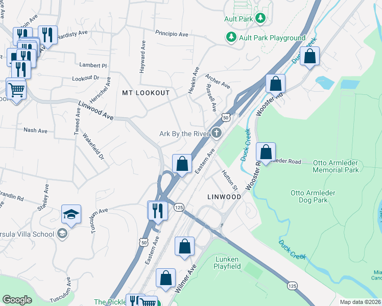 map of restaurants, bars, coffee shops, grocery stores, and more near 4836 Eastern Avenue in Cincinnati