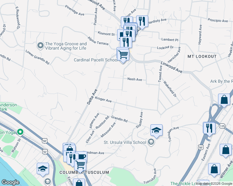 map of restaurants, bars, coffee shops, grocery stores, and more near 3560 Kroger Avenue in Cincinnati
