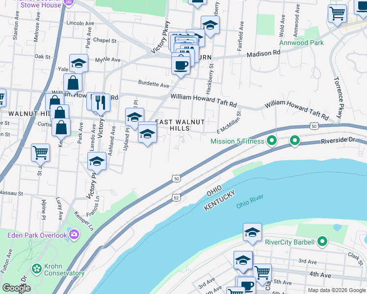 map of restaurants, bars, coffee shops, grocery stores, and more near 2412 Ingleside Avenue in Cincinnati