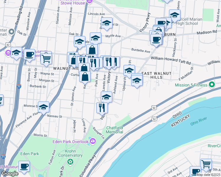 map of restaurants, bars, coffee shops, grocery stores, and more near 1214 Cypress Street in Cincinnati
