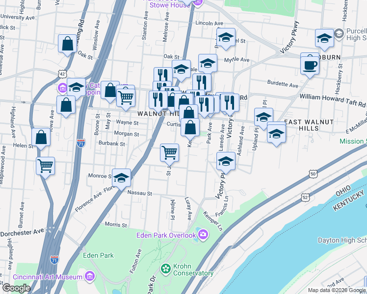 map of restaurants, bars, coffee shops, grocery stores, and more near 2321 Kemper Lane in Cincinnati