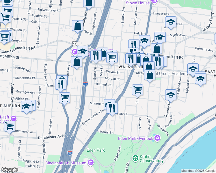 map of restaurants, bars, coffee shops, grocery stores, and more near 2319 Concord Street in Cincinnati