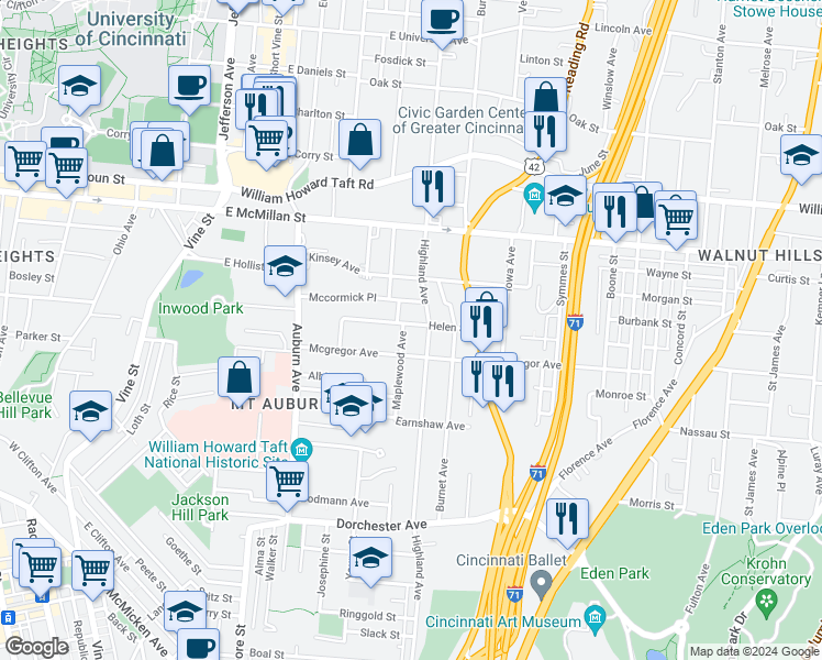 map of restaurants, bars, coffee shops, grocery stores, and more near 292 Mcgregor Avenue in Cincinnati