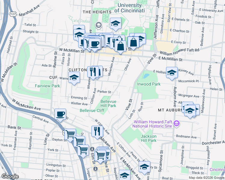 map of restaurants, bars, coffee shops, grocery stores, and more near 2210 Ohio Avenue in Cincinnati