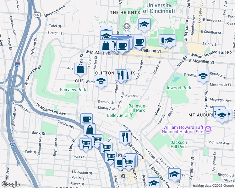 map of restaurants, bars, coffee shops, grocery stores, and more near in Cincinnati