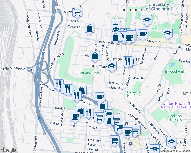 map of restaurants, bars, coffee shops, grocery stores, and more near 325 Emming Street in Cincinnati