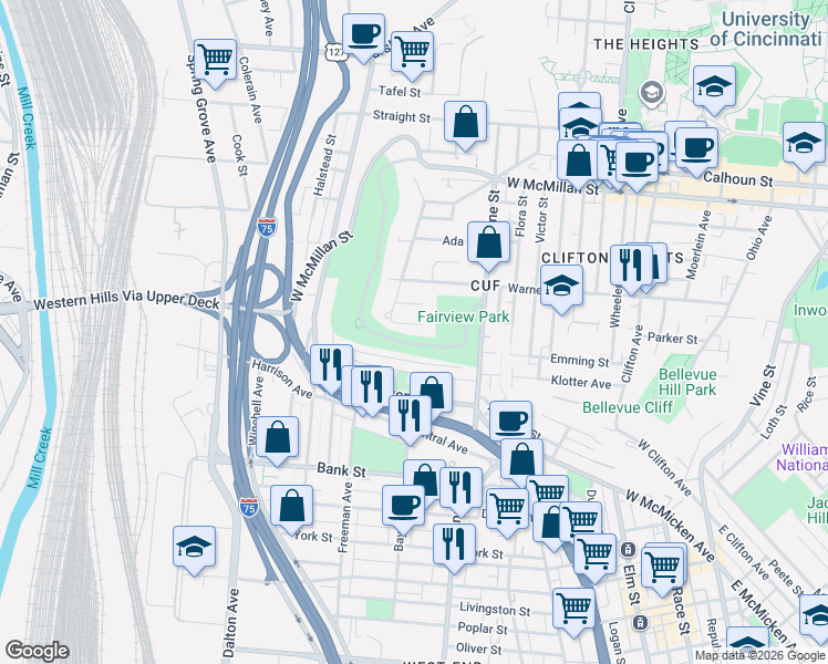 map of restaurants, bars, coffee shops, grocery stores, and more near 460 Conroy Street in Cincinnati