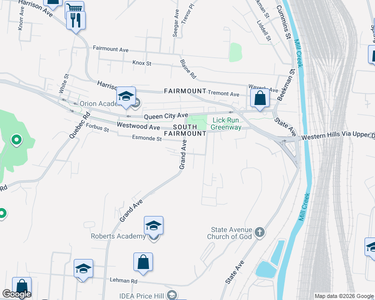 map of restaurants, bars, coffee shops, grocery stores, and more near 2192 Grand Avenue in Cincinnati