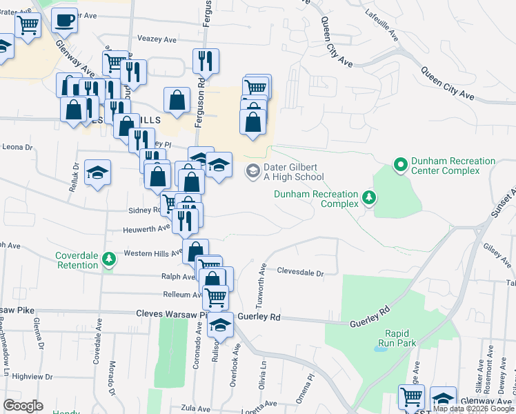map of restaurants, bars, coffee shops, grocery stores, and more near 4781 Prosperity Place in Cincinnati