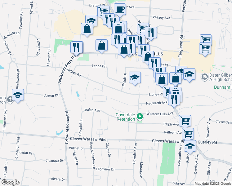 map of restaurants, bars, coffee shops, grocery stores, and more near 5145 Sumter Avenue in Cincinnati