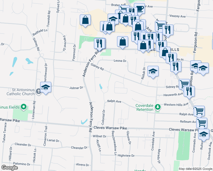 map of restaurants, bars, coffee shops, grocery stores, and more near 1624 Brunnerwood Drive in Cincinnati