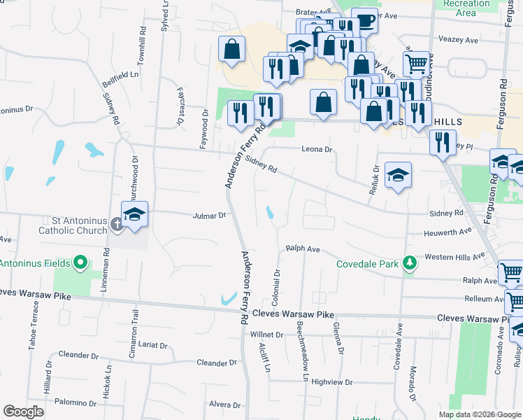 map of restaurants, bars, coffee shops, grocery stores, and more near 1631 Colonial Drive in Cincinnati