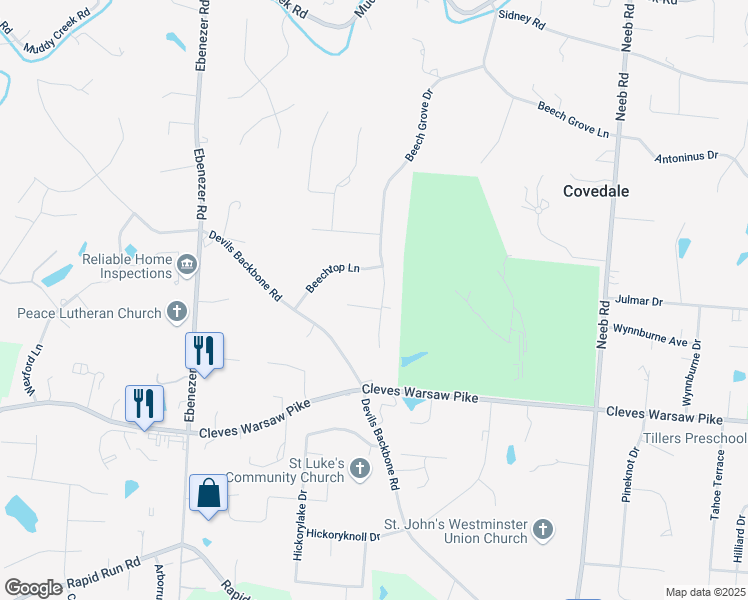 map of restaurants, bars, coffee shops, grocery stores, and more near 5941 Beechollow Court in Cincinnati