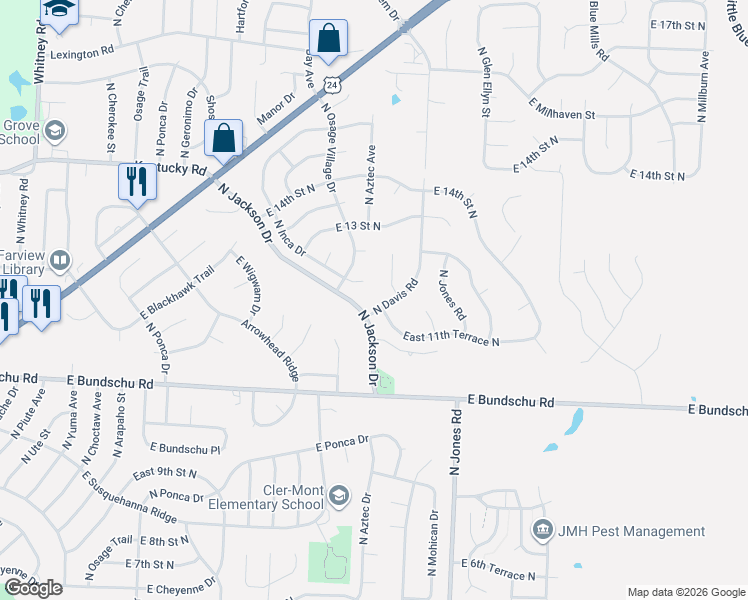 map of restaurants, bars, coffee shops, grocery stores, and more near 19401 East 11th Terrace North in Independence