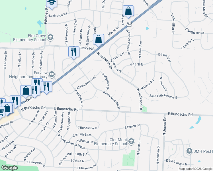 map of restaurants, bars, coffee shops, grocery stores, and more near 18916 East Powahatan Place in Independence