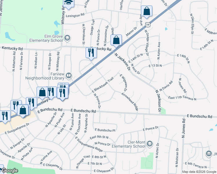 map of restaurants, bars, coffee shops, grocery stores, and more near 18601 East 11th Street Court North in Independence