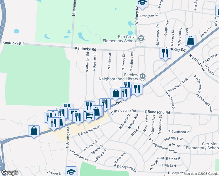 map of restaurants, bars, coffee shops, grocery stores, and more near 1100 North Indian Lane in Independence