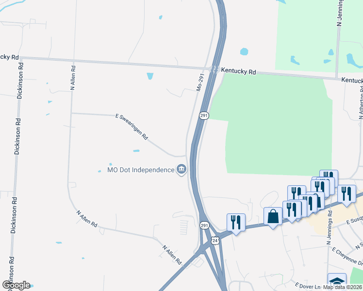 map of restaurants, bars, coffee shops, grocery stores, and more near 1018M Route 291 in Independence