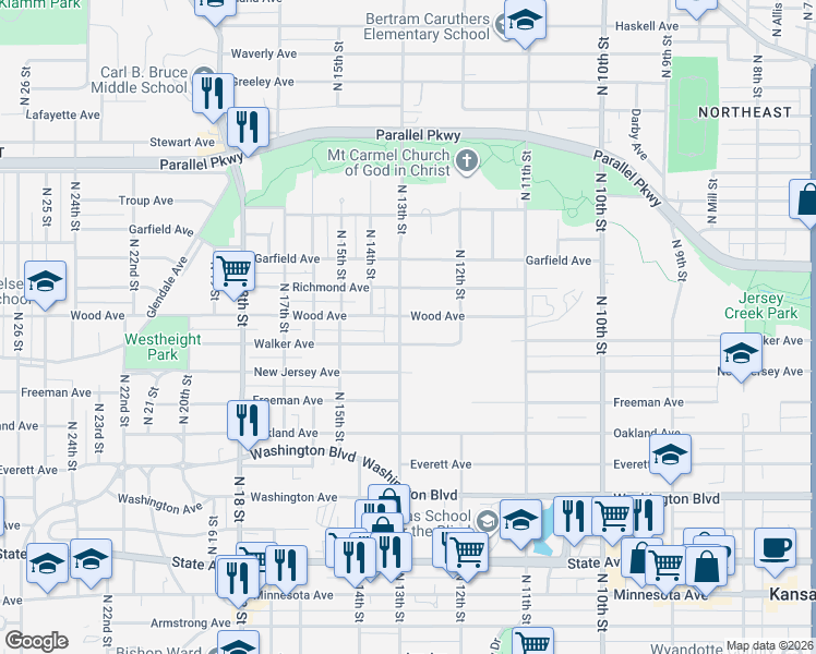 map of restaurants, bars, coffee shops, grocery stores, and more near 1239 Walker Avenue in Kansas City