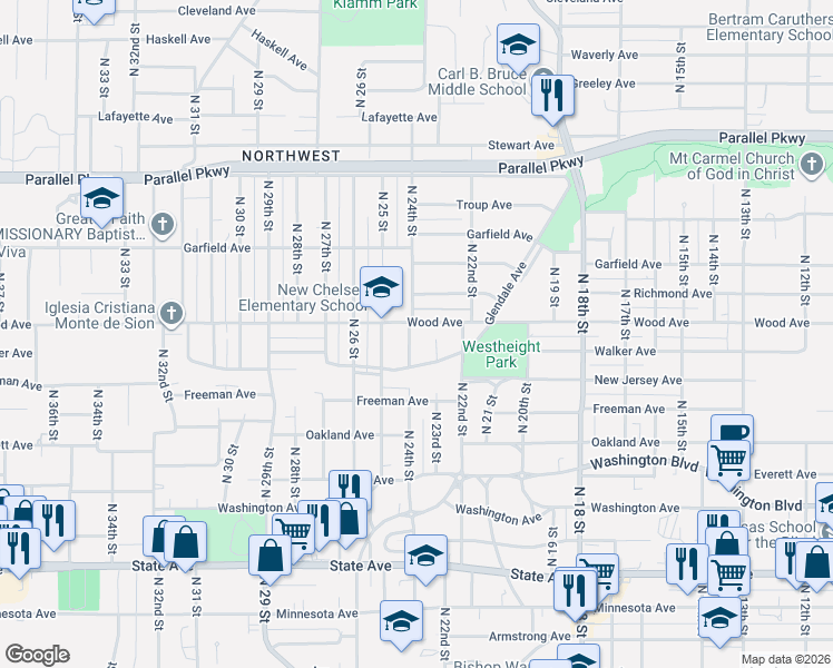 map of restaurants, bars, coffee shops, grocery stores, and more near 1711 North 24th Street in Kansas City