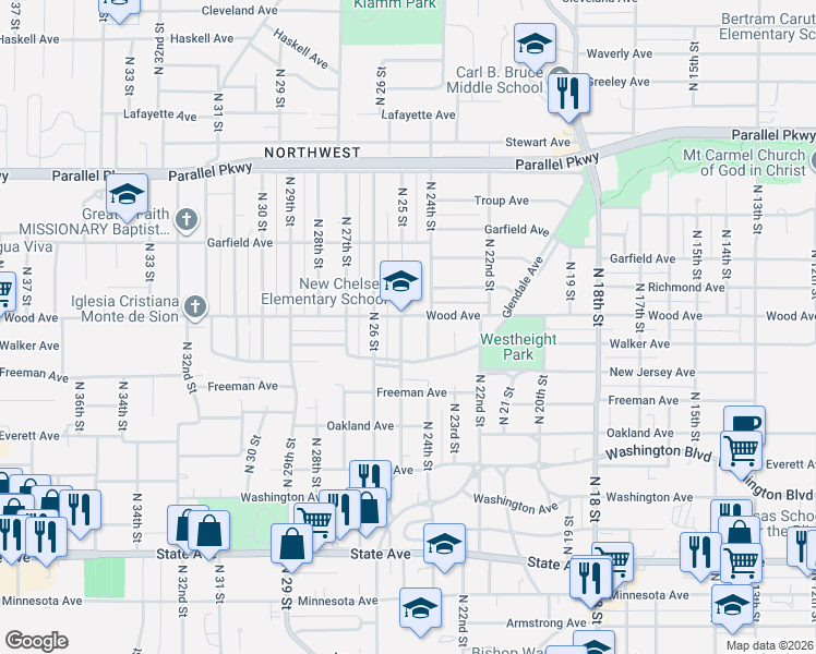 map of restaurants, bars, coffee shops, grocery stores, and more near 1704 North 25 Street in Kansas City