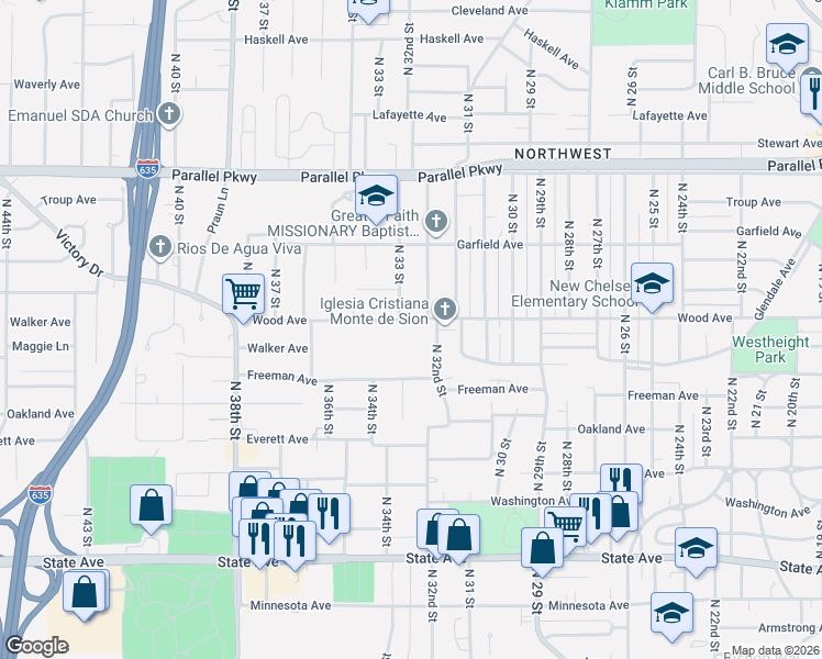 map of restaurants, bars, coffee shops, grocery stores, and more near 1620 North 32nd Street in Kansas City