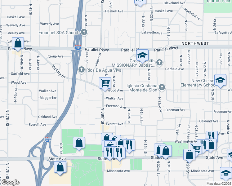 map of restaurants, bars, coffee shops, grocery stores, and more near 3609 Walker Avenue in Kansas City