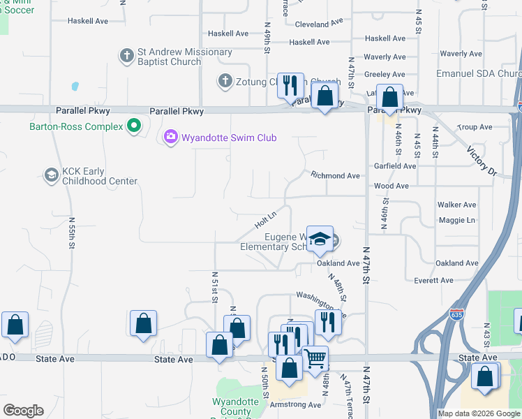 map of restaurants, bars, coffee shops, grocery stores, and more near 1632 Holt Lane in Kansas City