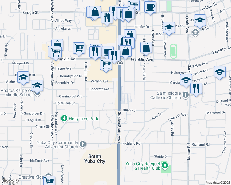 map of restaurants, bars, coffee shops, grocery stores, and more near 296 Arden Avenue in Yuba City