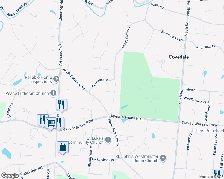 map of restaurants, bars, coffee shops, grocery stores, and more near 5941 Beechollow Court in Cincinnati