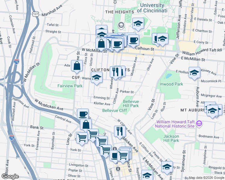 map of restaurants, bars, coffee shops, grocery stores, and more near in Cincinnati