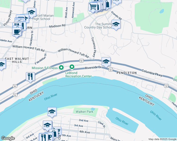 map of restaurants, bars, coffee shops, grocery stores, and more near 2423 Riverside Drive in Cincinnati