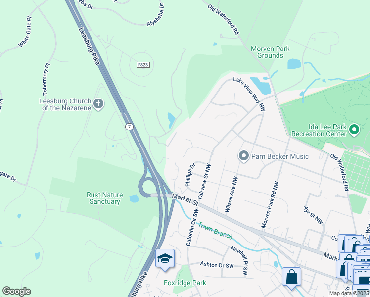 map of restaurants, bars, coffee shops, grocery stores, and more near 117 Rosebrook Court Northwest in Leesburg