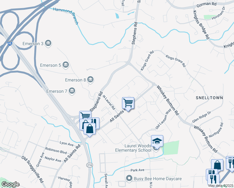 map of restaurants, bars, coffee shops, grocery stores, and more near 9356 Canterbury Riding in Laurel