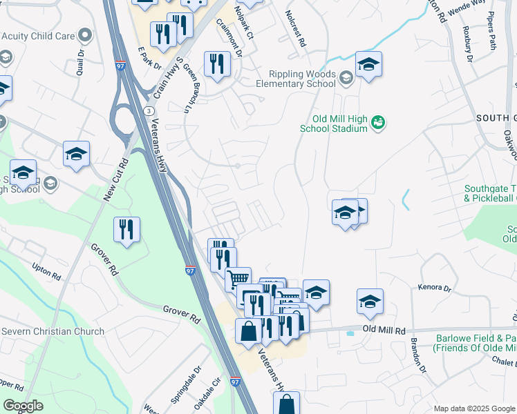 map of restaurants, bars, coffee shops, grocery stores, and more near 8267 Longford Road in Glen Burnie