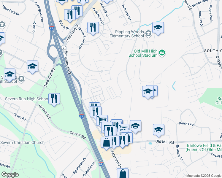 map of restaurants, bars, coffee shops, grocery stores, and more near 8267 Longford Road in Glen Burnie