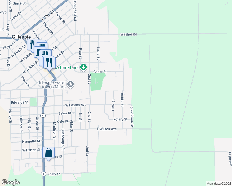 map of restaurants, bars, coffee shops, grocery stores, and more near 611 Olive Street in Gillespie