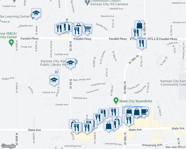 map of restaurants, bars, coffee shops, grocery stores, and more near 8003 Walker Avenue in Kansas City