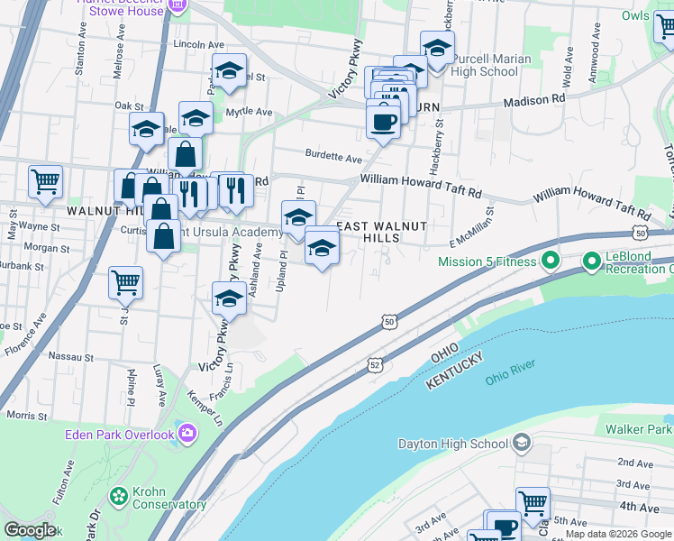 map of restaurants, bars, coffee shops, grocery stores, and more near 2340 Grandview Avenue in Cincinnati